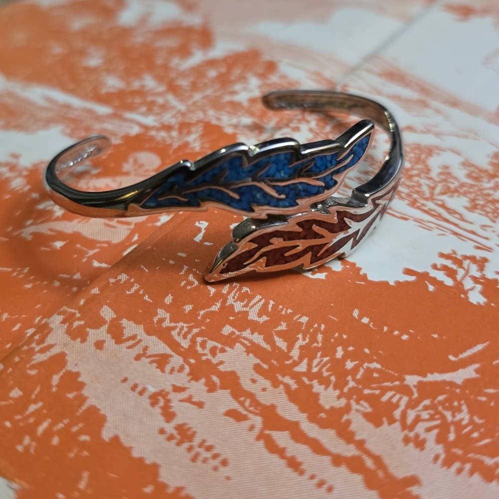 Blue and Sterling Silver Red Leaf Cuff Bracelet
